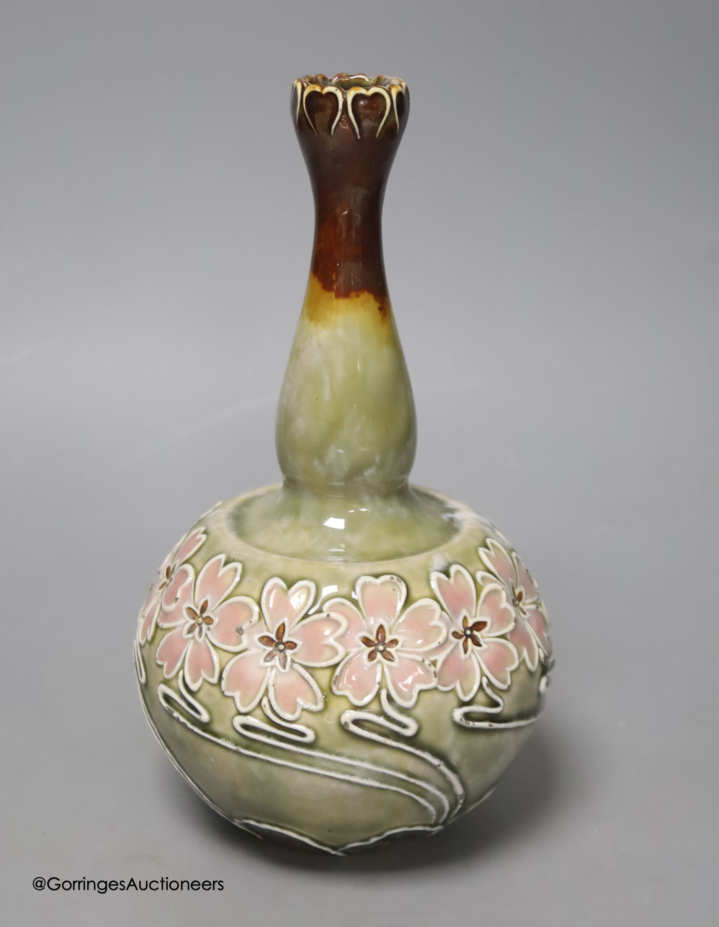 A Royal Doulton stoneware pink flower vase by Eliza Simmance, height 21cm